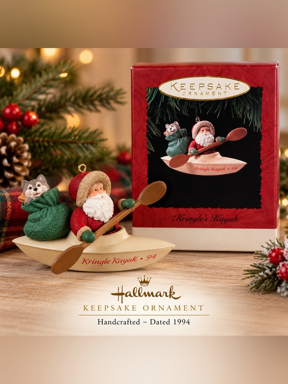 Hallmark Keepsake Kringle’s Kayak Ornament 1994 Santa Christmas w/ Box